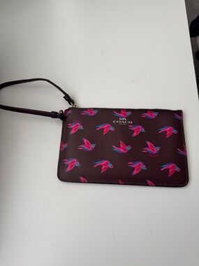 Coach Burgundy Wristlet with Pink & Teal Bird Print